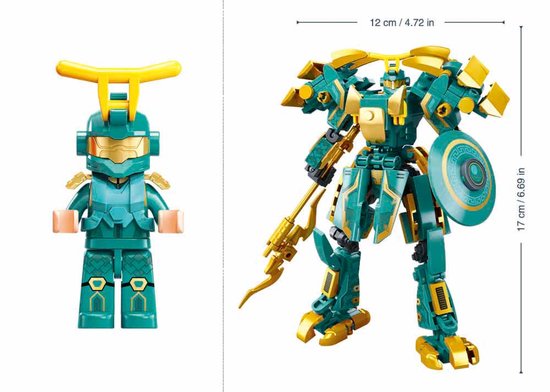Een groen en gouden androïde figuur naast een groen en gouden mechanisch drakenrobot. Afmetingen: 12 cm en 17 cm.