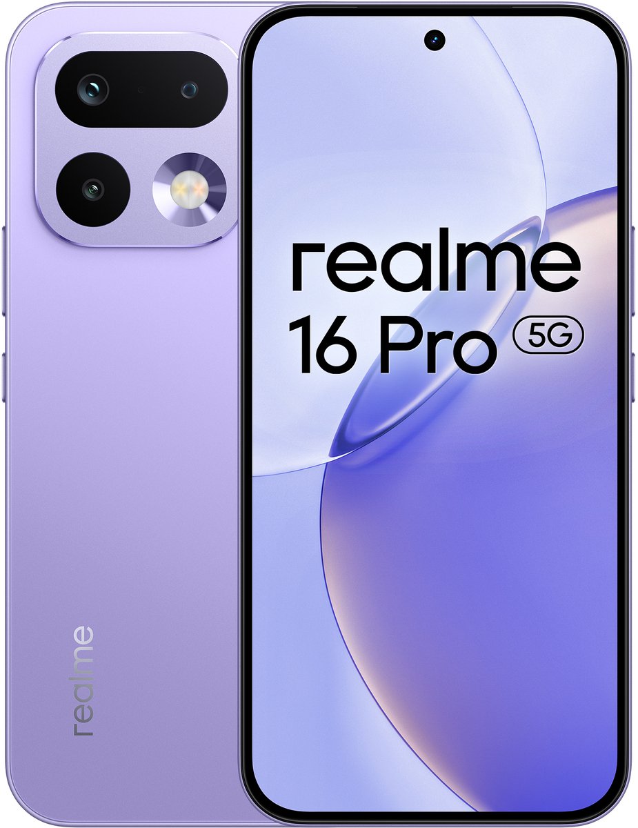 realme 16 Pro 5G - 8GB/512GB - Orchidee Paars– 200MP LumaColor Camera – 144Hz AMOLED 6500nits – 6500mAh – 45W Opladen – IP69 – realme UI 7.0