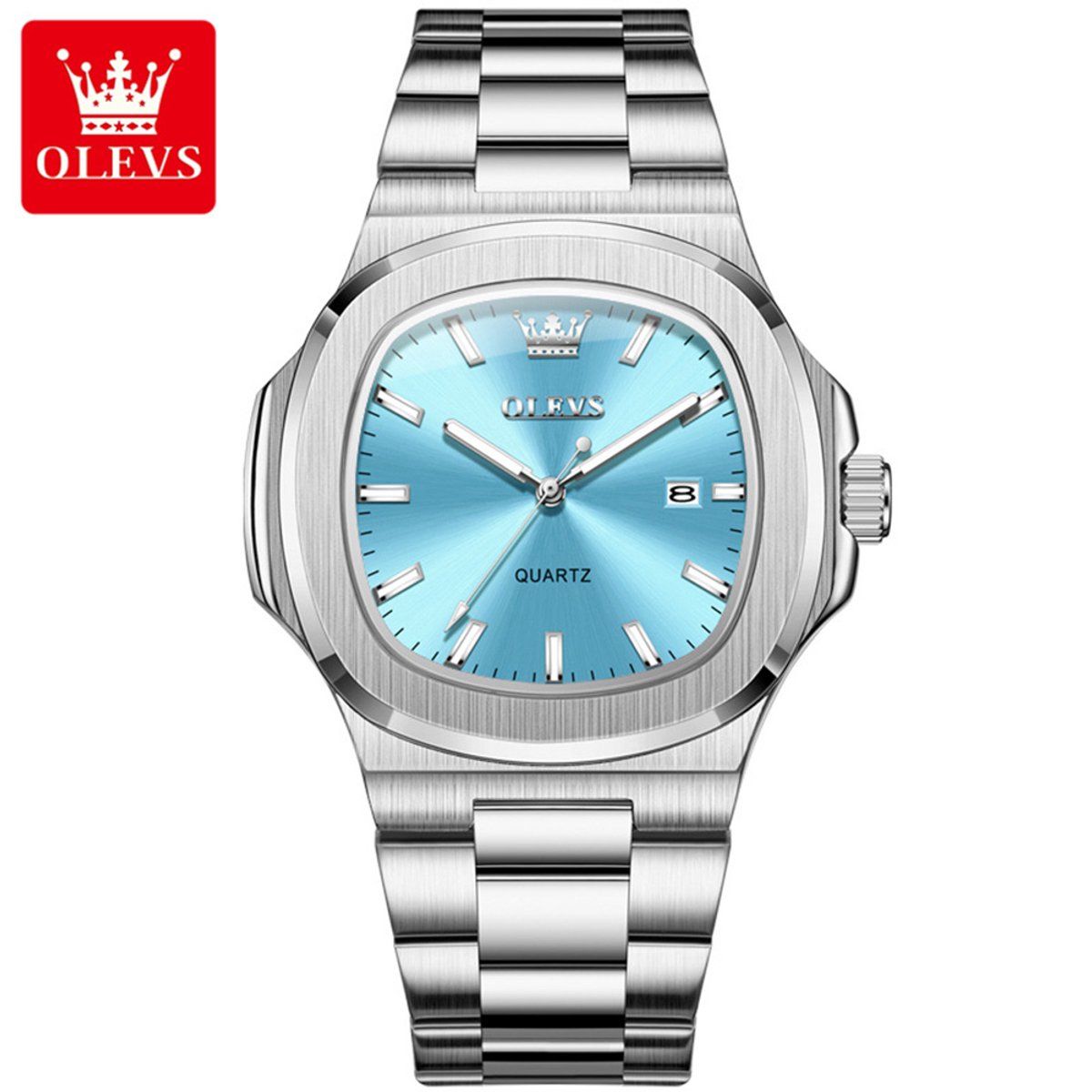 HO-3696.z-az : Olevs zilverkl quartz heren horloge, vierkant, cyanineblauwe wijzerplaat, glossy, kalenderdag