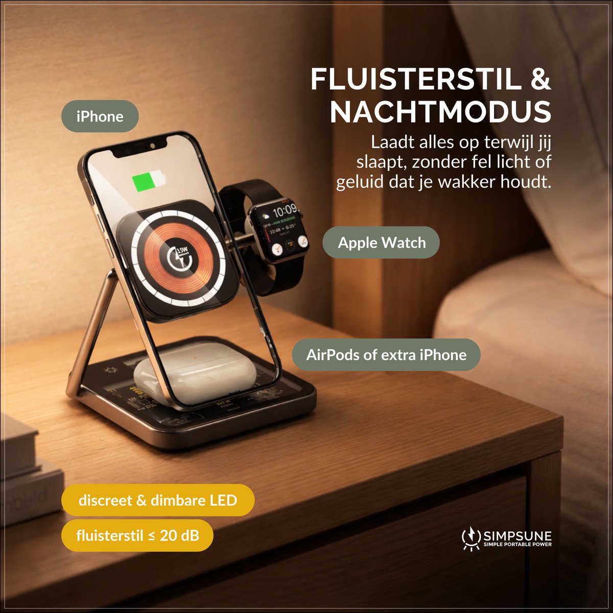 SimpSune 3 in 1 draadloze oplader – geschikt voor Apple Watch oplader – Wireless Charger oplaadstation geschikt voor MagSafe‑smartphones, Apple Watch & AirPods – verstelbaar dock van premium metaal & glas voor bureau & nachtkastje — cadeau in Gadgets - foto 7