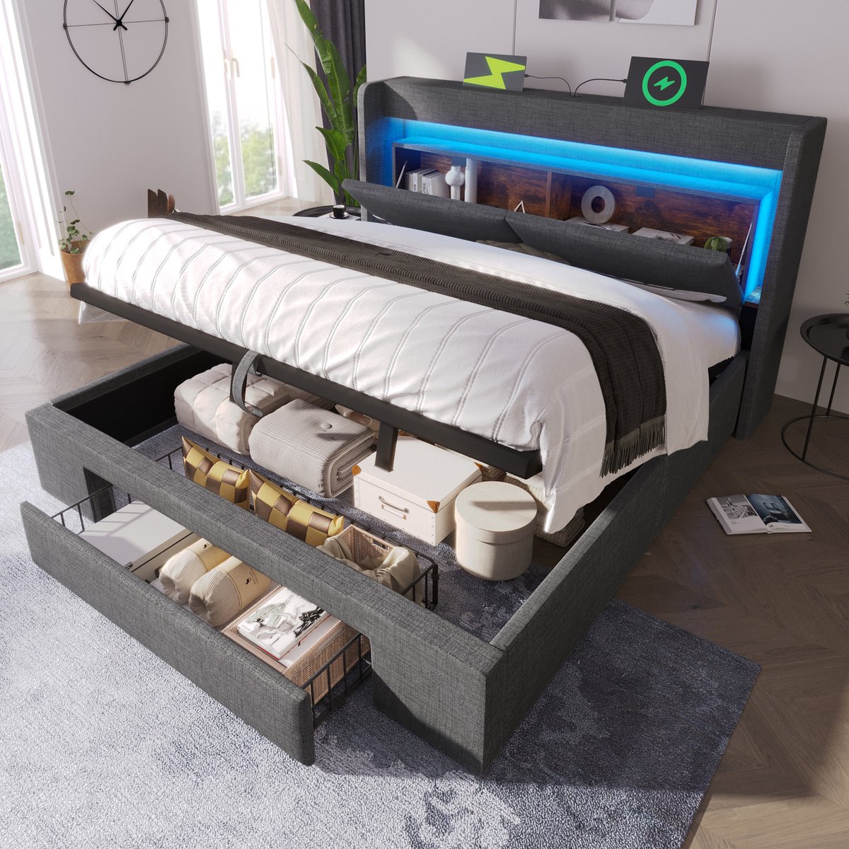 Gestoffeerd bed - 140x200 cm - Hydraulische Opbergruimte & LED - USB-C & Opbergvak - Linnen - Grijs