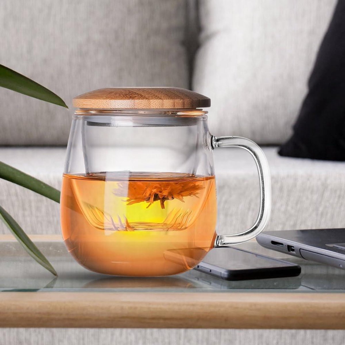 Dubbelwandige glazen theekop met roestvrijstalen zeef - 420ml - Theebeker van borosilicaatglas voor losse thee - Bloementhee - Theezakjes - Kerstgeschenk — cadeau in Kookcadeaus - foto 4