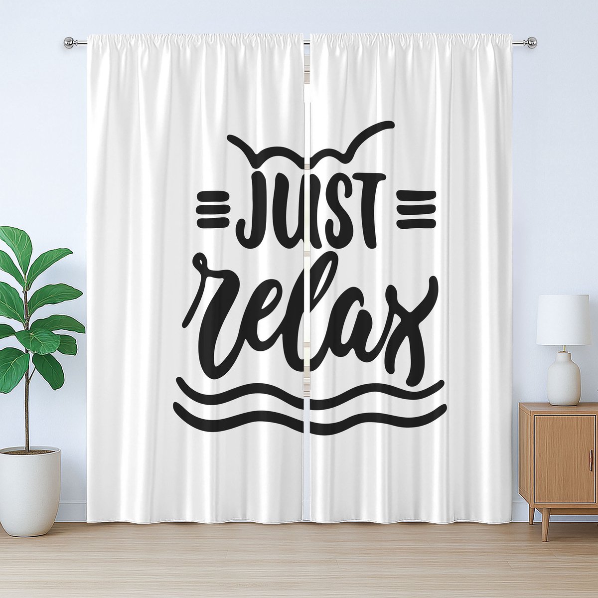 ABAKUHAUS citaat rustiek gordijn, kalligrafische tekst "Just Relax", met lussen en haken voor de woonkamer, 280 x 260 cm, zwart-wit