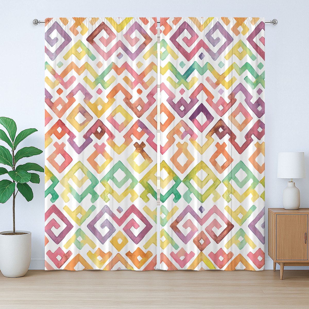 ABAKUHAUS Aquarel Rustiek Gordijn, Boho Afrikaans, Universele Gordijnen met Bandjes, Lusjes en Haken voor de Woonkamer, 280 x 245 cm, Paars Geel Groen