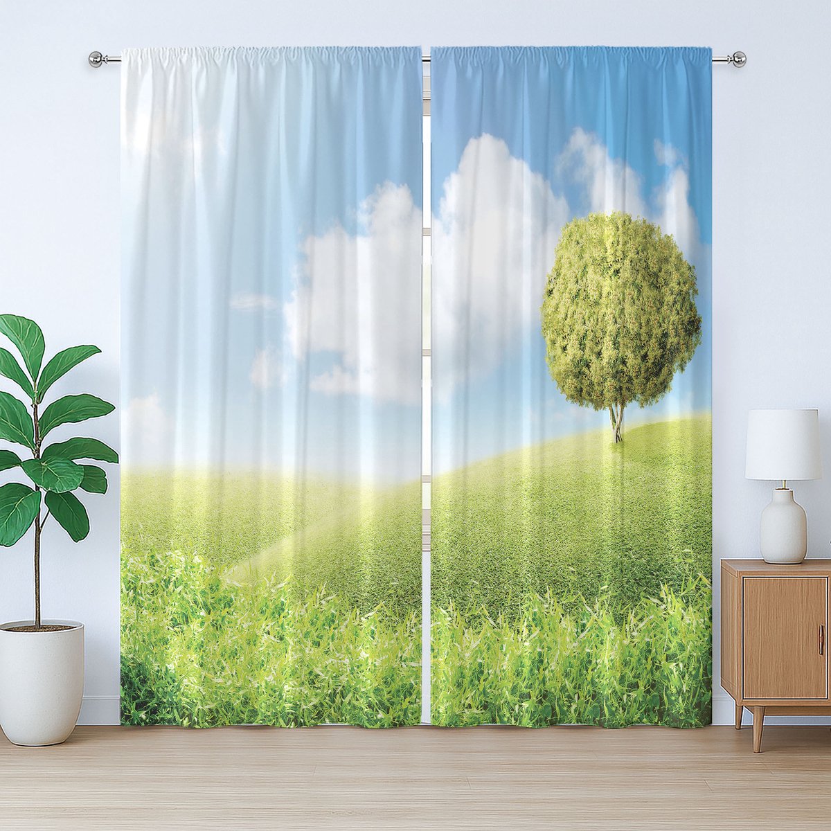ABAKUHAUS Rustiek boomgordijn, wolkenloze hemel boven een grasveld, met lussen en haken voor de woonkamer, 280 x 175 cm, hemelsblauw avocado groen