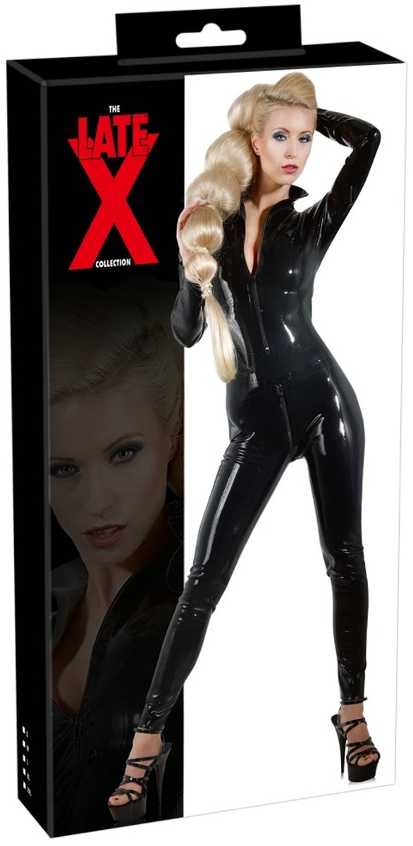 LateX – Latex Catsuit voor Strak en Spannend Gevoel met Open Kraag en Rits Sluiting Maat XL – Zwart