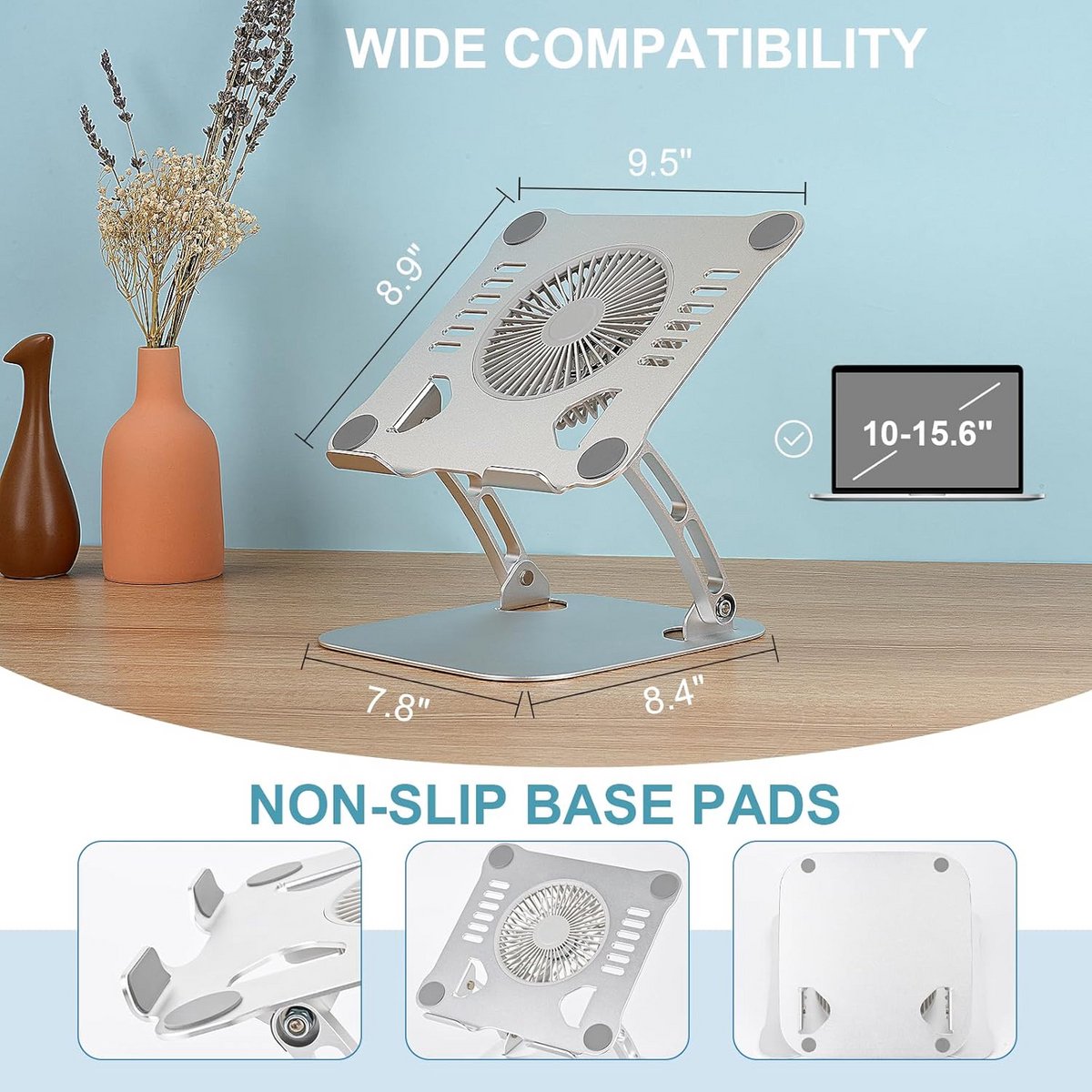 In hoogte verstelbare Laptop Koelstandaard met Ventilator (3 Snelheden) - 360° Draaibaar Aluminium Koelpad voor 10-15 inch Notebook