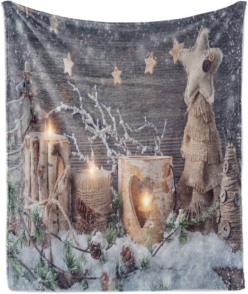 ABAKUHAUS Kerstdeken van zacht flanellen fleece, met kaarsmotief voor de winterse feestdagen, knusse pluche plaid, 125 x 175 cm, kaki en grijs