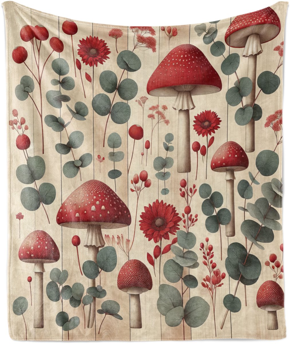 ABAKUHAUS Rustieke zachte flanellen fleece deken, bloemen en bospaddenstoelen, knusse pluche plaid, 125 x 175 cm, champagne donker koraal
