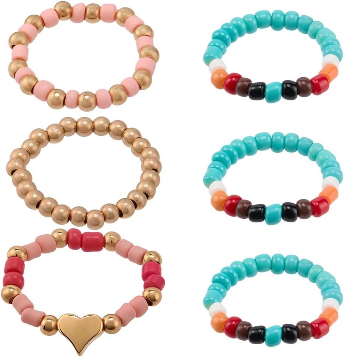 Allecto - Rekbare kralen horlogeband - Schattige decoratieve ringen - Blauw en roze - Boheemse stijl - Glas sieraden - Geschikt voor smartwatches - Diverse maten - Diamant ornamenten - 6 stuks