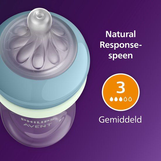 Philips Avent Natural Response Nighttime babyfles 260 ml – Flow 3 – Antikramp – Glow-in-the-dark fles - SCY903/81