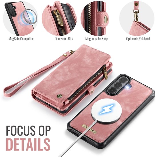 Roze portemonnee telefoonhoesje met polsband, ritssluiting en MagSafe compatibele achterkant.