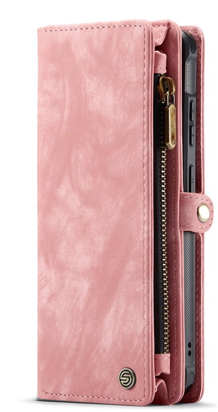 Gesloten roze telefoonhoesje met een marmerachtig patroon, met een ritssluiting aan de zijkant.