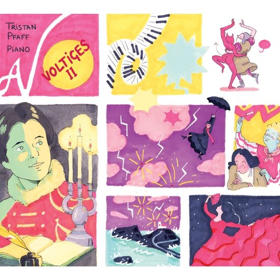 Albumhoes met illustraties van Tristan Pfaff op piano, dansende figuren, een piano met notenbalk en een vrouw met paraplu in de regen.
