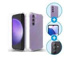 Schokbestendig Doorzichtig Hoesje Geschikt voor Samsung Galaxy A14 + 9H Tempered Glass Screen Protector + Camera Protector Transparant | 360° Beschermset