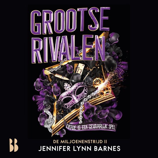 Boekomslag met de titel 'GROOTSE RIVALEN' in paarse letters, met daaronder een Venetiaans masker, rozen en vonken.
