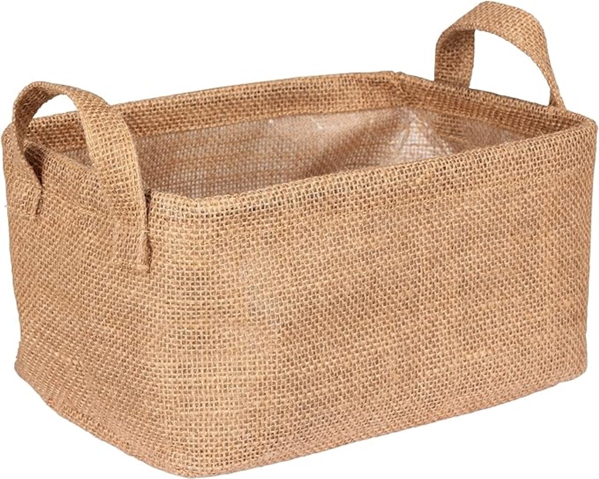 Famanu - Jute Opbergmand met Handgrepen, decoratieve mand voor overzichtelijk opbergen van accessoires, kleding, textiel en plaids, natuurlijke jute look voor woonkamer, slaapkamer en kast, 24x17x17 cm