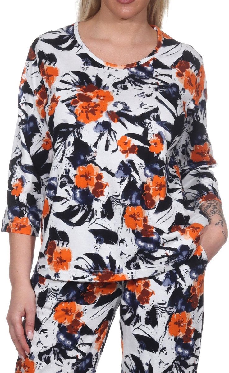Normann Dames Pyjama Shirt Lange Mouw Pyjama Top Mix & Match in Floral Optics orange