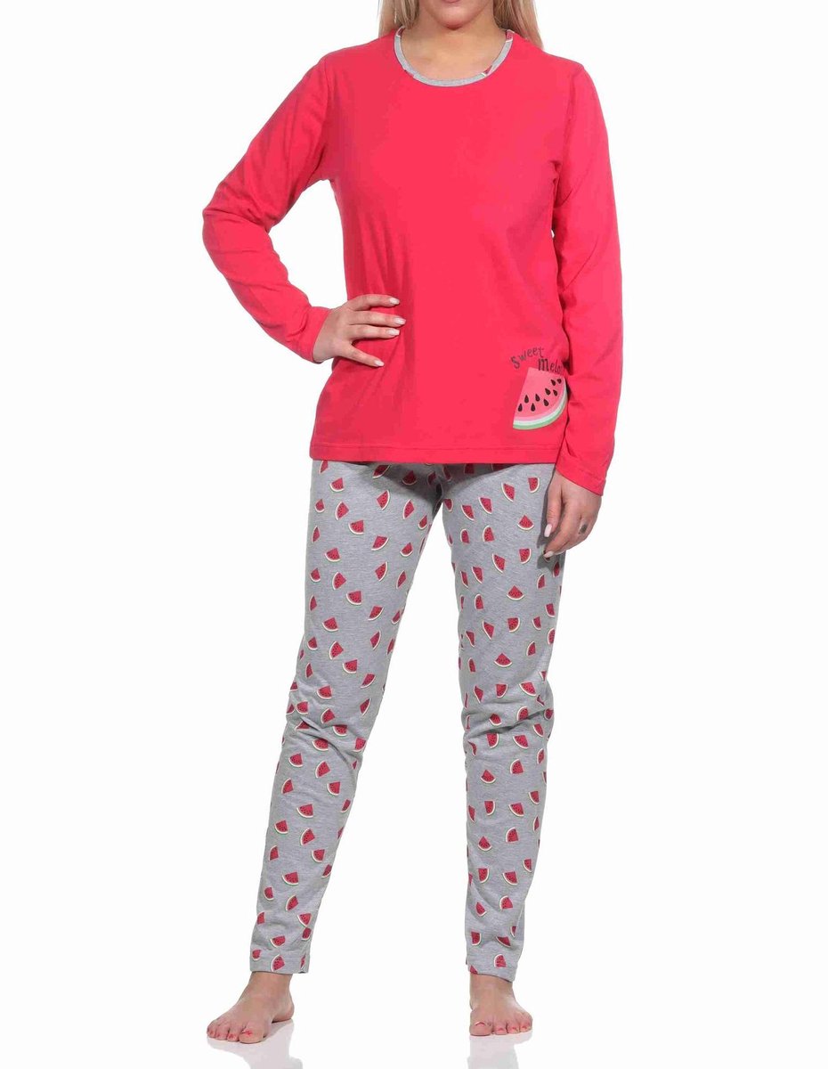 Normann Lange damespyjama met meloenmotief, pyjamabroek met opdruk allover pink