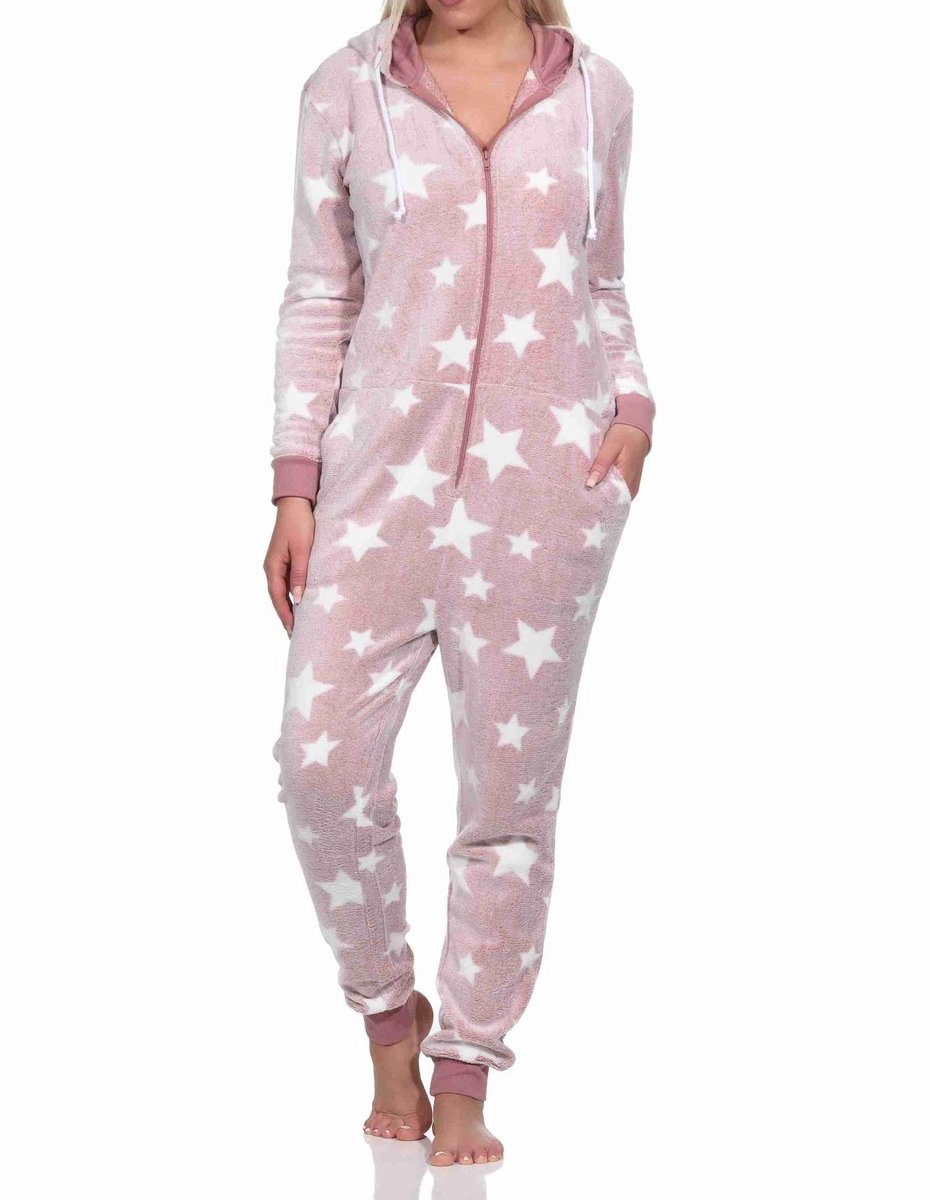 Normann Damespyjama jumpsuit in sterdessin van behaaglijk warm koraalfleece
