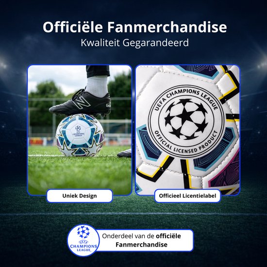 Voetbal met UEFA Champions League logo, met een uniek sterrenpatroon in blauw, paars en roze. "Officiële Fanmerchandise" is zichtbaar.