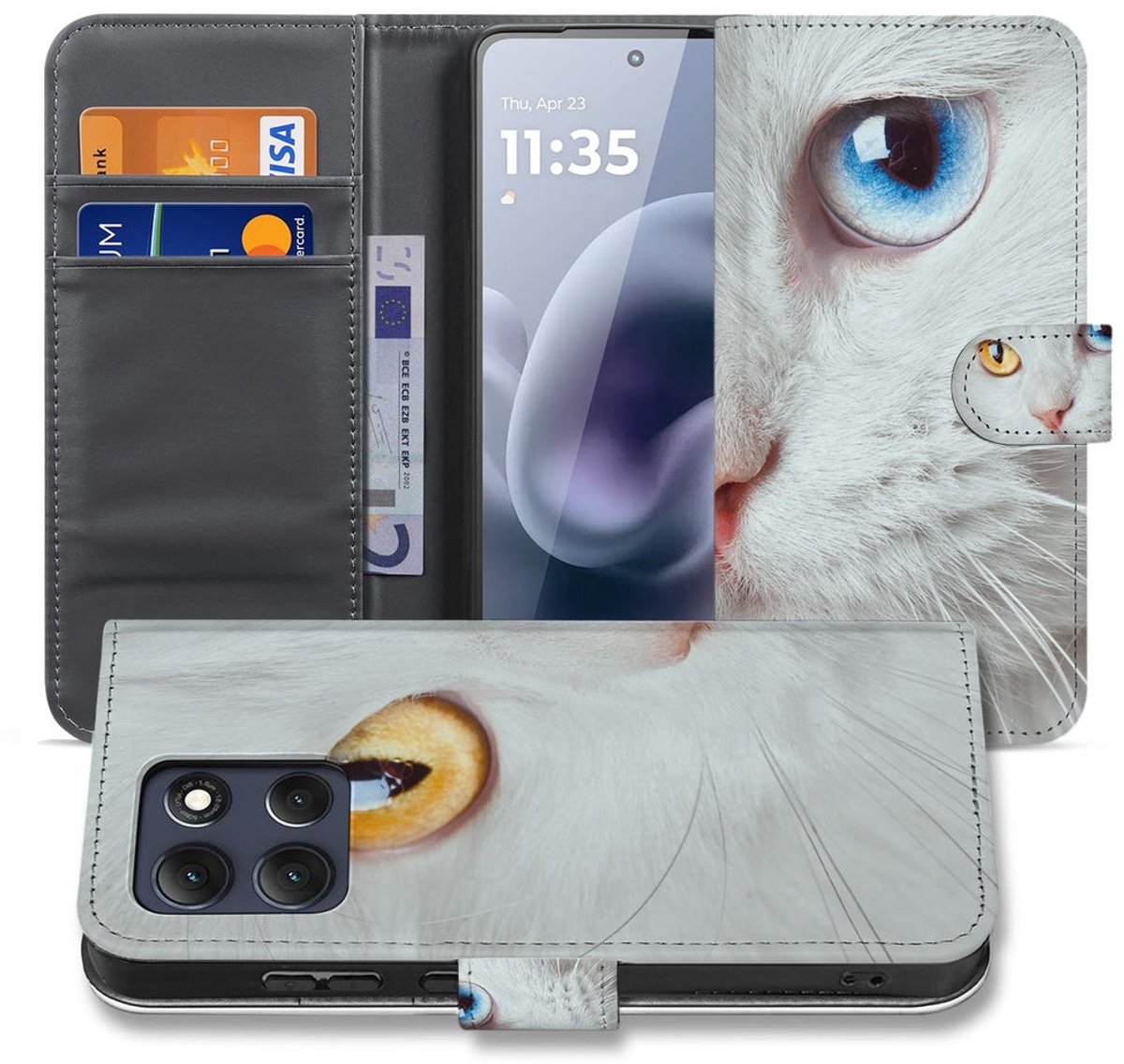 Book Case Motorola Moto G86 Witte Kat Dierenprint