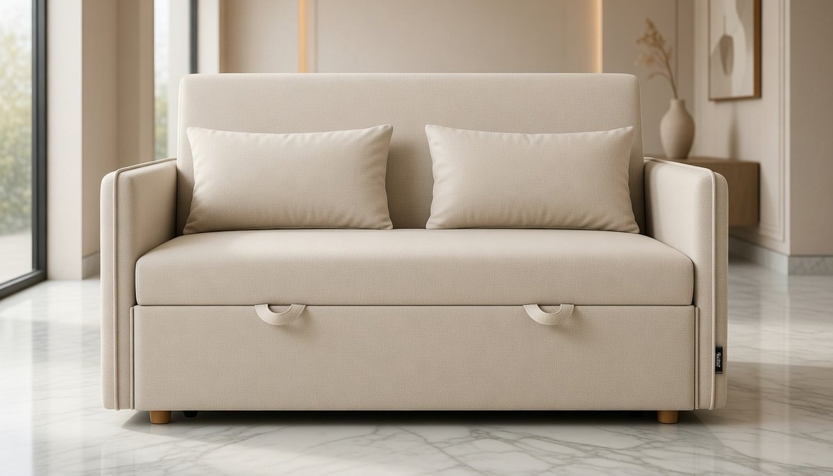 Luxe 2-Zitsbank Bedbank Chaise Longue – 3-in-1 Slaapbank Beige – Verstelbare Rugleuning, ComfortSoft Zitkussens, Robuust Eucalyptushout, Belastbaar tot 240 kg – Compacte Moderne Bank voor Woonkamer en Logeergebruik House&Garden