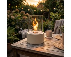 Housevitamin Tafelhaard Rond – Zand Beige – Metaal/Glas – Bio-ethanol – Met Sierstenen & Vuurdover – Binnen & Buiten - 21 × 21 × 28 cm