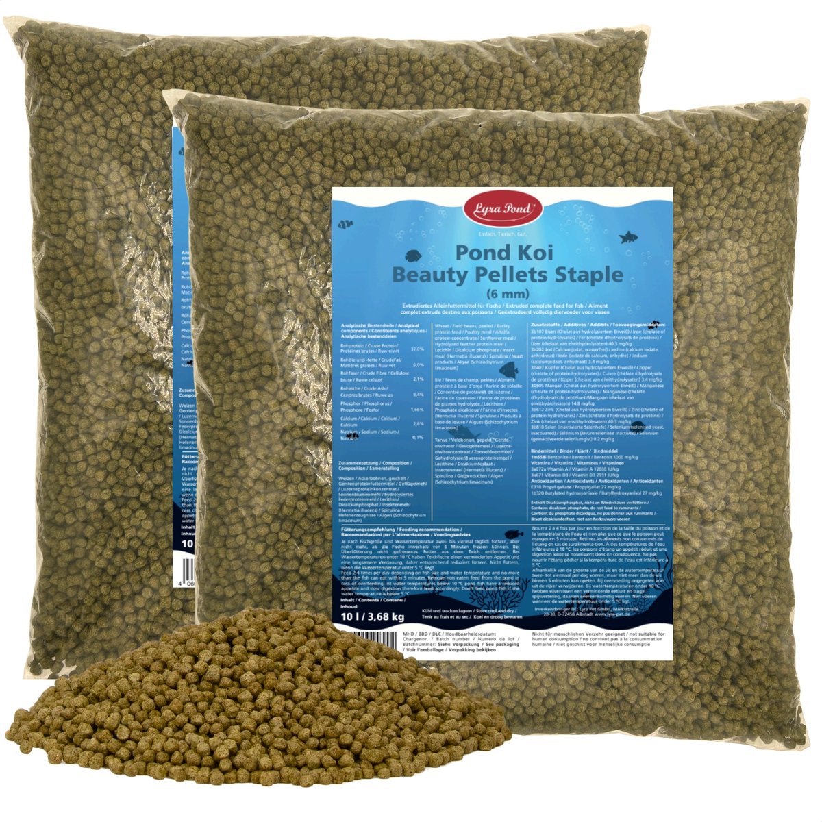 2 x 10 liter (7,36 kg) Lyra Pond® Pond Koi Beauty Pellets Hoofdvoeder vijvervoer