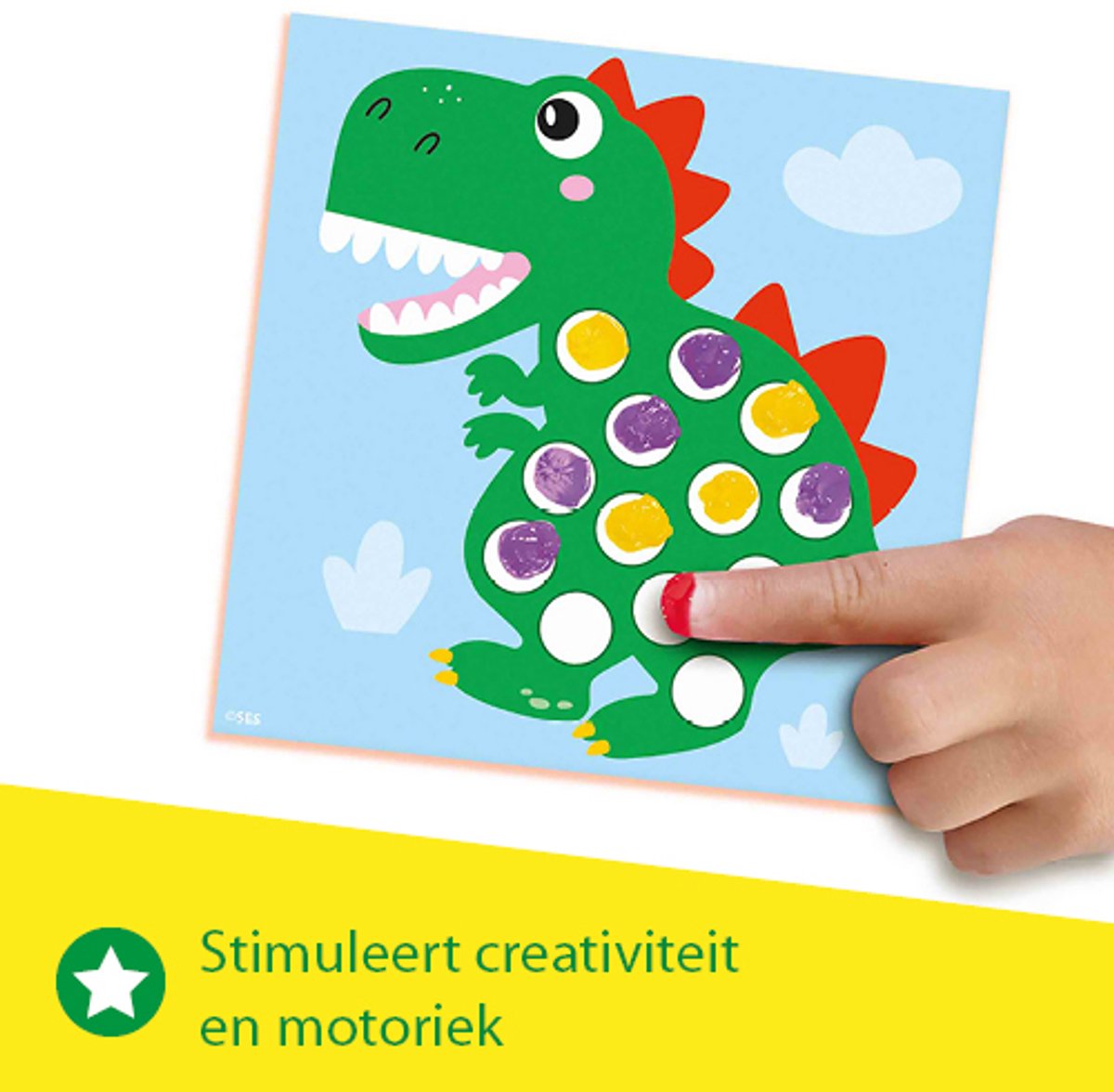 SES Creative - My First – Dinos Stippen met Vingerverf - 10 kleurplaten met dieren en 3 kleuren vingerverf - goed uitwasbaar - Dinosaurus speelgoed – Glutenvrij - 1 tot 4 jaar — afbeelding 6