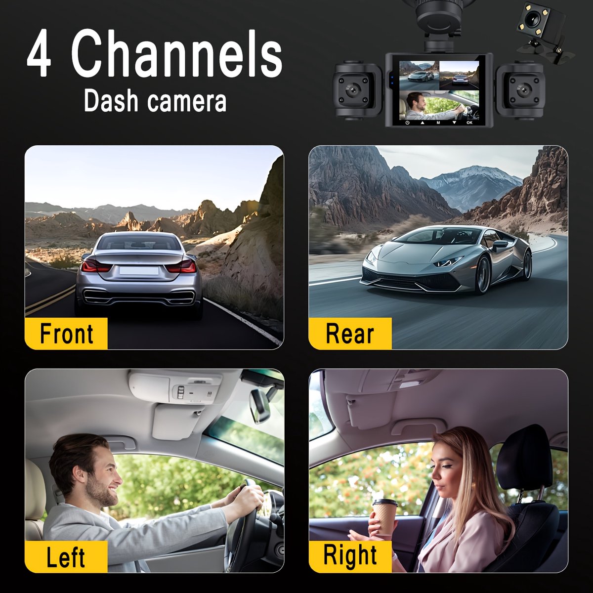 360° vierkanaals dashcam - Uitgerust met een 1080p-camera aan de voorzijde en 480p-camera's aan de achterzijde, met ondersteuning voor nachtzicht, breed dynamisch bereik, 6,1-inch IPS-scherm, loopopname, G-sensor en 24-uurs parkeerbewaking. – foto 2