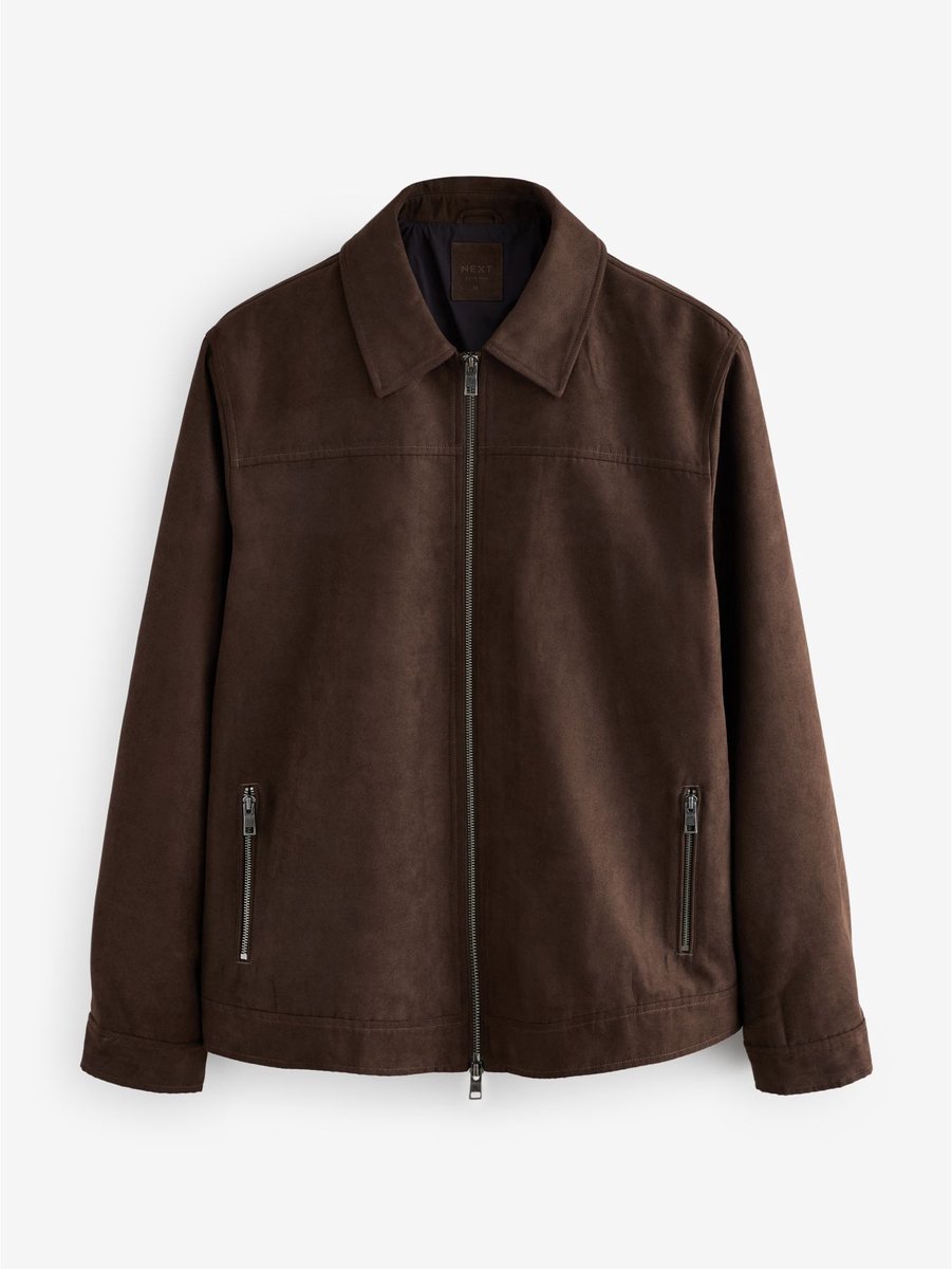 Next - Heren - Faux Suede Zip Through Collared Shacket - Bruin