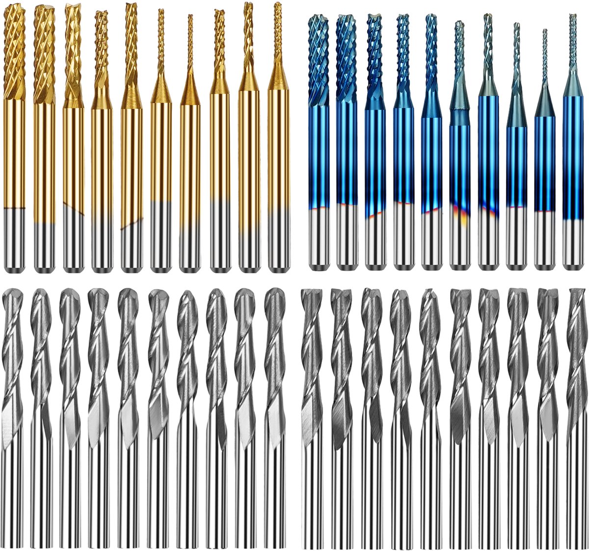 Twotrees Schachtfreesset met in totaal 40 CNC-routerbits - Titanium Frezenset - 3,175 mm (1/8") schacht - CNC-freesset met 2 groeven platte en kogelkopfrezen - Frezenset