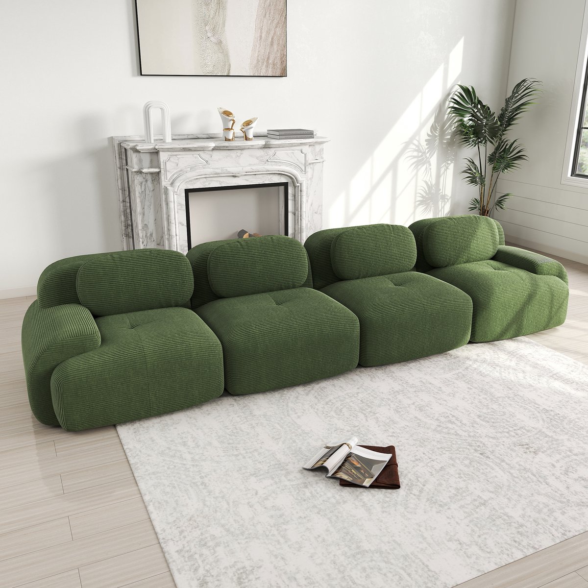 MODFU Modulaire Hoekbank - Frameloos - Ergonomische Armleuningen - Voor Slaapkamer Of Kantoor - Ribstof - Groen Groente