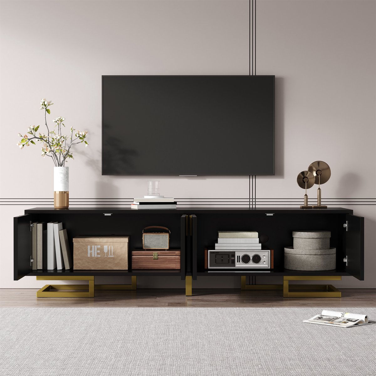 MODFU Tv-Meubel – 160x38x44,5 cm – Gestructureerde deuren – Met goudkleurige poten – Moderne televisiekast voor de woonkamer – Spaanplaat – Zwart