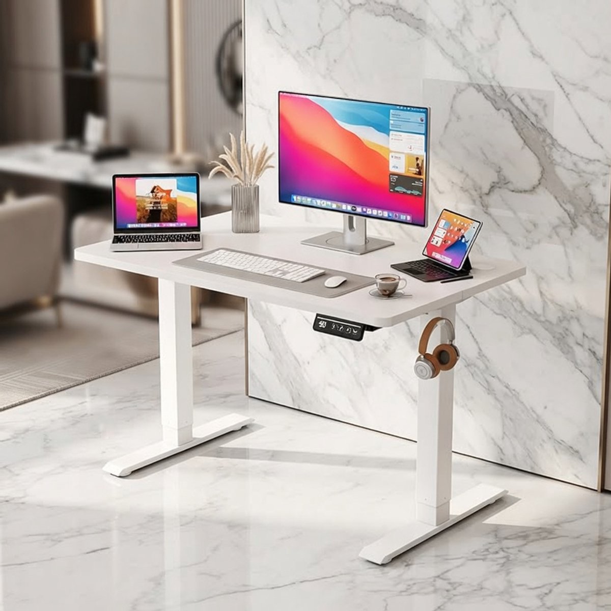 FlexiDesk Elektrisch In Hoogte Verstelbaar Bureau 140x60 cm – Sta-Zit Bureau met Geheugenfunctie, Modern Design, Gelakt Staal, Zithoogte 71-119 cm – Ideaal voor Thuis en Kantoor House&Garden