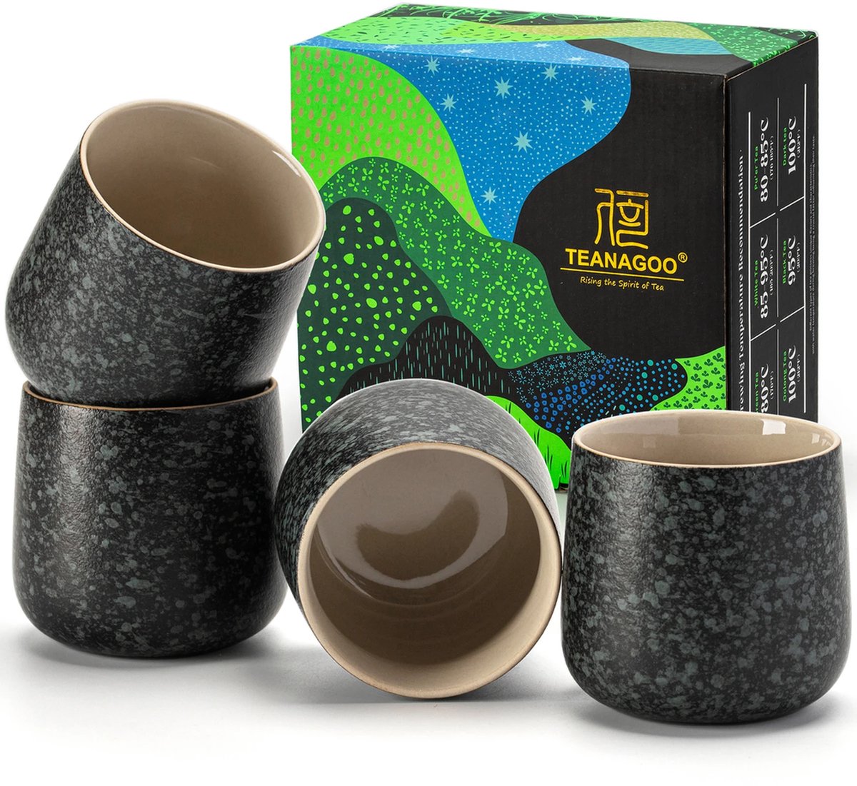 Japanse Theekopjes Set van 4 - 160ml Keramiek - Grijze kleur - Thee Kopjes Zonder Oor - Geschikt voor Thee, Sake en Koffie - Magnetron- en vaatwasmachinebestendig - FluxGoods