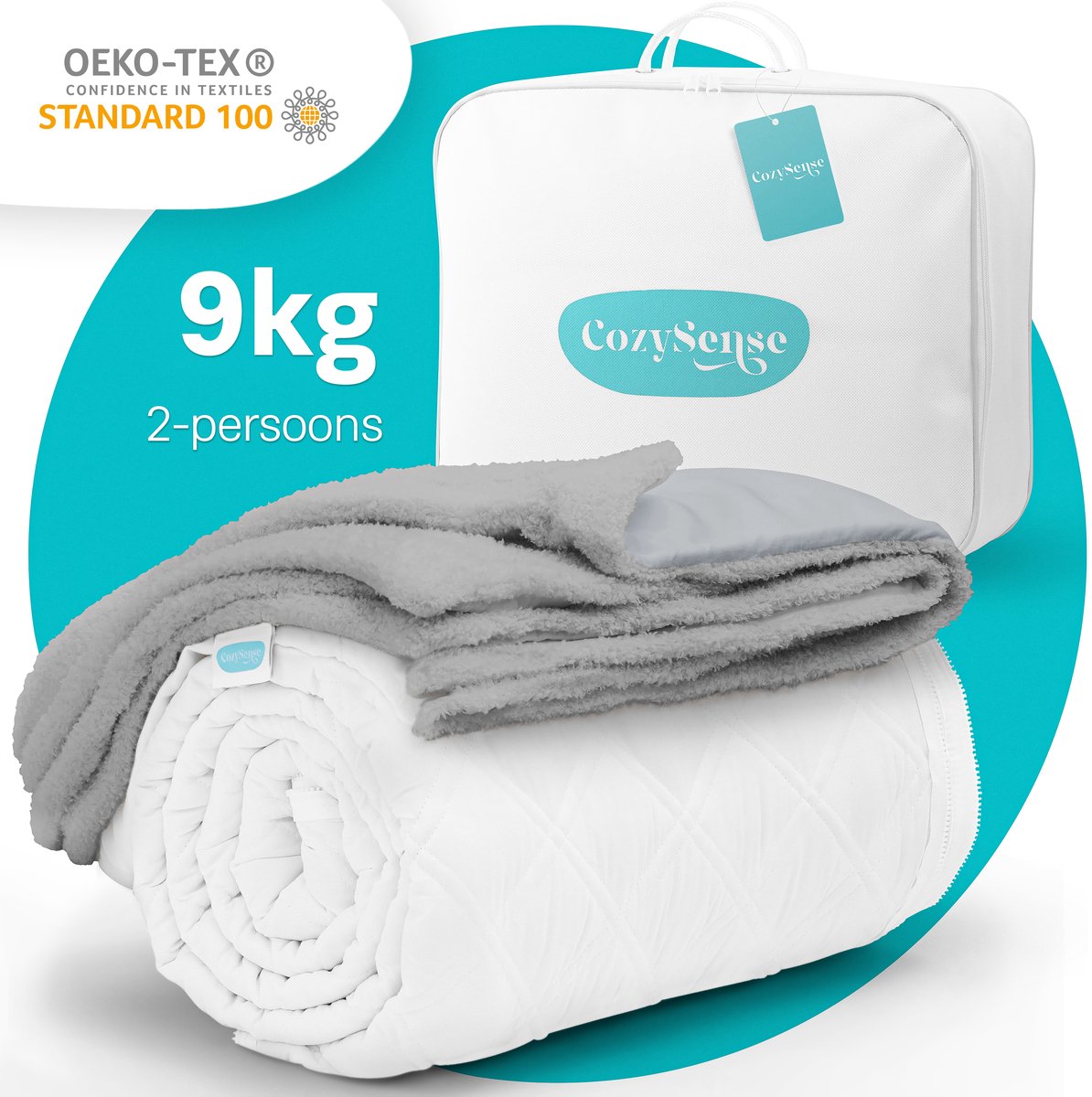 CozySense Verzwaringsdeken 9kg - 200x200cm - Zwaartedeken met Wasbare Hoes - Weighted Blanket met GLASS-Flow® Drukverdeling - Grijs