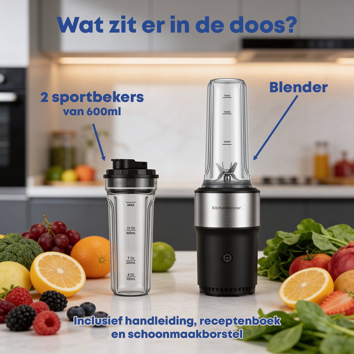 KitchenMonster Blender 900W - Smoothie Maker met 2 Draagbare Bekers To Go – foto 6
