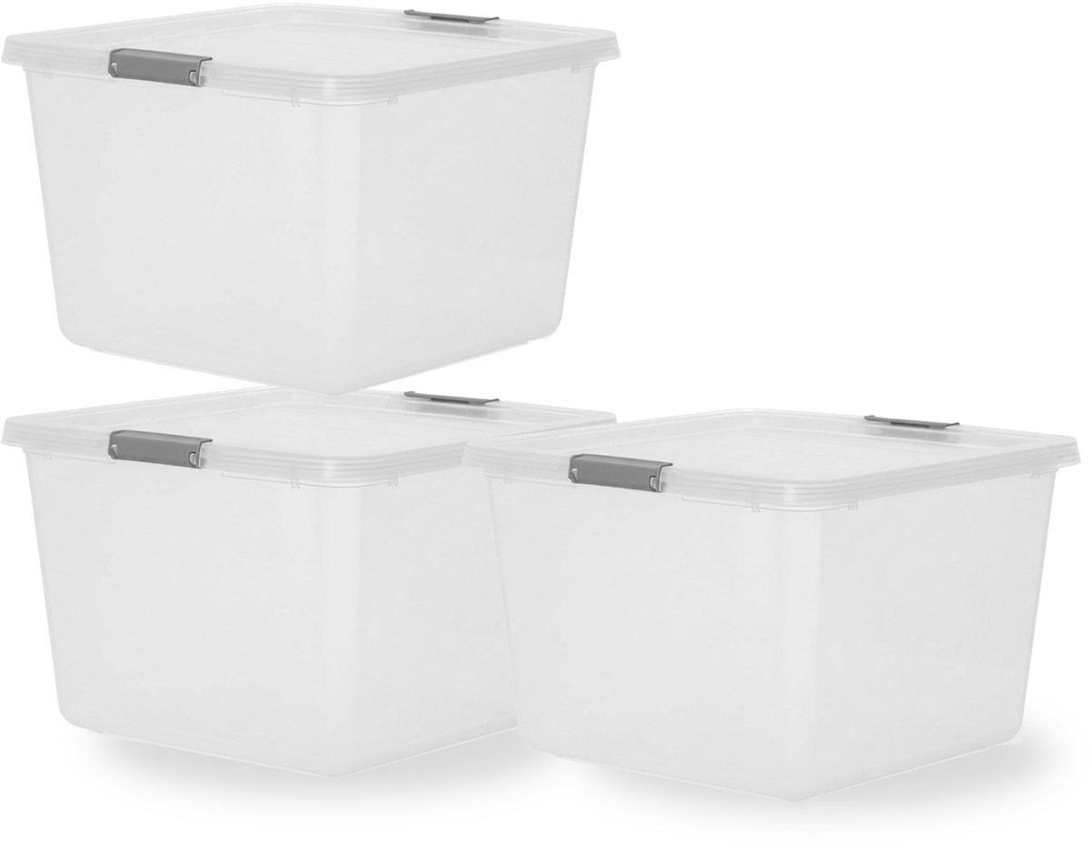IRIS storage opbergbox met clips - 32l - ruim - stapelbaar - kunststof -transparant/grijs - set van 3