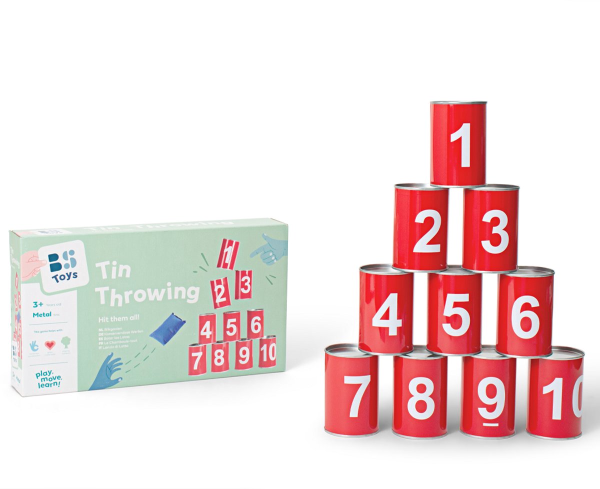 BS Toys Blikgooien Werpspel - Speelgoed Pittenzak Gooien - Kinderspeelgoed vanaf 3 Jaar - Buitenspeelgoed - 10 Blikken - Rood - Spelletjes voor kinderen - Buiten speelgoed - Buitenspel - Buiten Spellen - Tuin Speelgoed - Cadeau kind — afbeelding 15