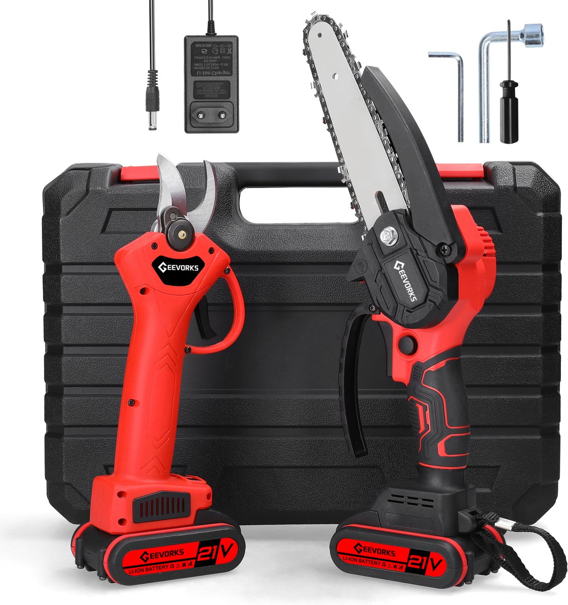 Mini Kettingzaag 21V Set – 15 cm – 2-in-1 Kettingzaag + Snoeischaar – Draadloos – 2 Accu’s – Krachtig Tuingereedschap voor Hout