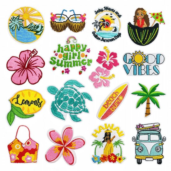 Een collage van zomerse applicaties: een strandtafereel met zon, kokosnoten, Hawaïaanse vrouw, roze bloemen, "GOOD VIBES", "happy girl Summer", een citroen, een schildpad, een surfplank, een palmboom, een busje met surfplank, en een tasje.