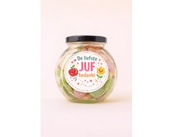 De liefste JUF bedankt – Snoeppot 275g Zuurtjesmix – Origineel Bedankje voor Juf – Cadeau Einde Schooljaar / Dag van de Leraar - Streeck