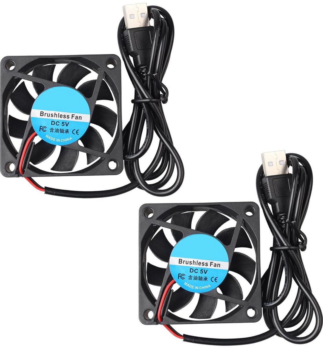 2 Stuks Stille 5V DC Koelventilator 60x60x15mm met USB Aansluiting voor PC, CPU en 3D Printer Koeling