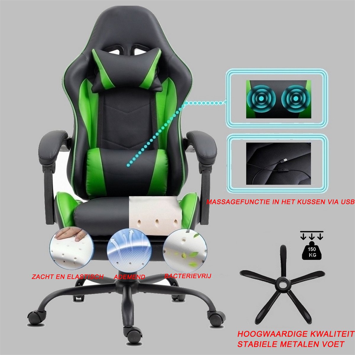 Delman Gaming Stoel met Massage en Voetsteun – Ergonomische Bureaustoel met Hoofdsteun, Verstelbare Rugleuning tot 135°, 360° Draaibare Game Stoel voor Gaming en Thuiswerken – foto 2