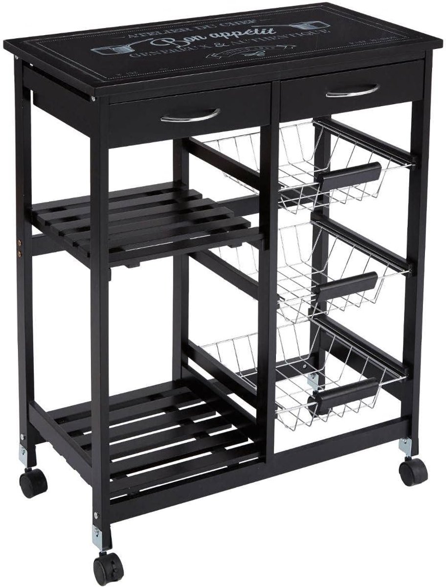 Zwarte Bijzettafel Trolley op Wielen met 2 Schuifladen - Moderne Serveerwagen