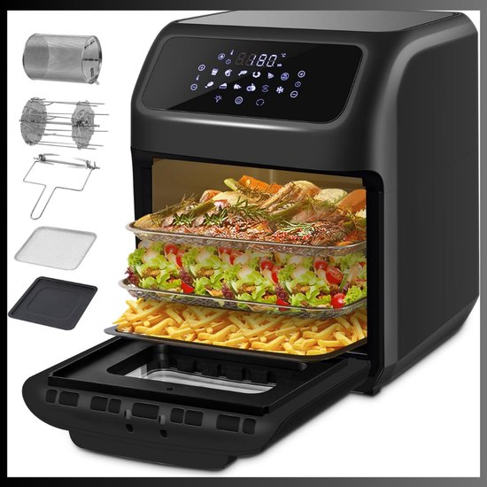 Aurixi® Airfryer XXL - Mini-oven - Heteluchtfriteuse - 12L - 12 Programma's - Zwart - 38cm x 38cm x 44cm