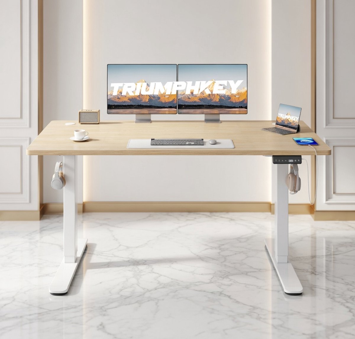 Elektrisch In Hoogte Verstelbaar Bureau 140x70 cm – Ergonomisch Staand Bureau met 3 Geheugenposities, USB-oplaadpoort, Anti-botsingssysteem en Kabelmanagement – Perfect voor Thuiswerk, Kantoor en Gaming House&Garden
