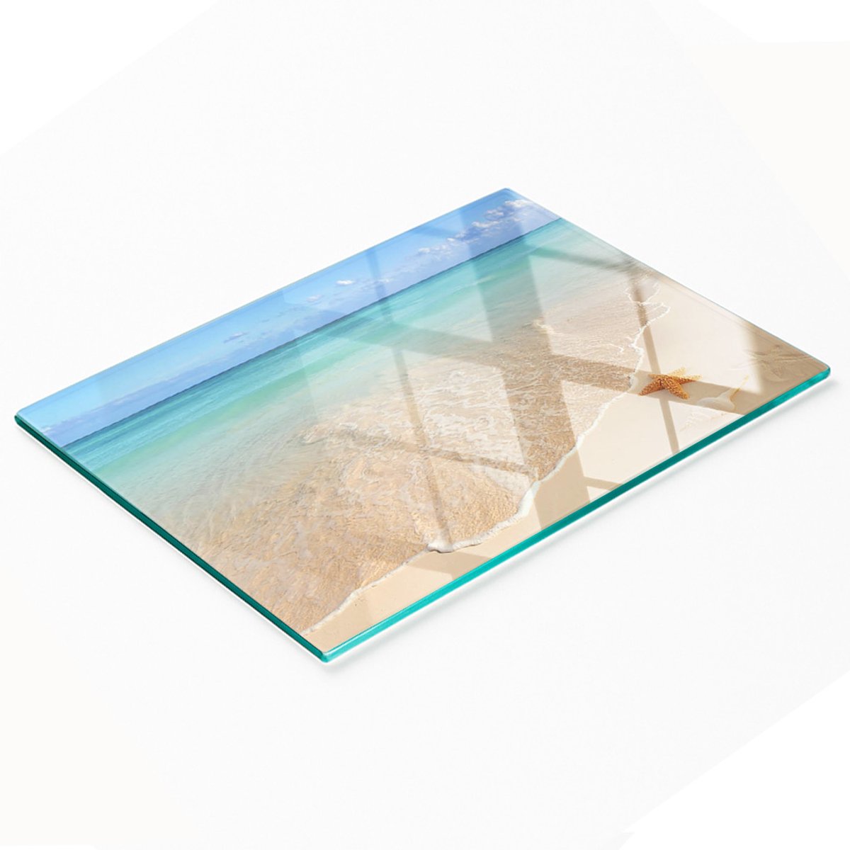 Stijlvol en duurzaam glazen bord met een print van een zeester op het strand, 80x52 cm